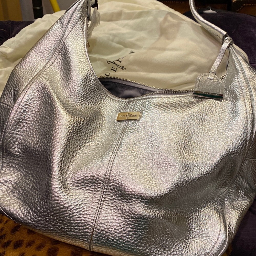 COLE HAAN silver metallic textured leather hobo bag NWT